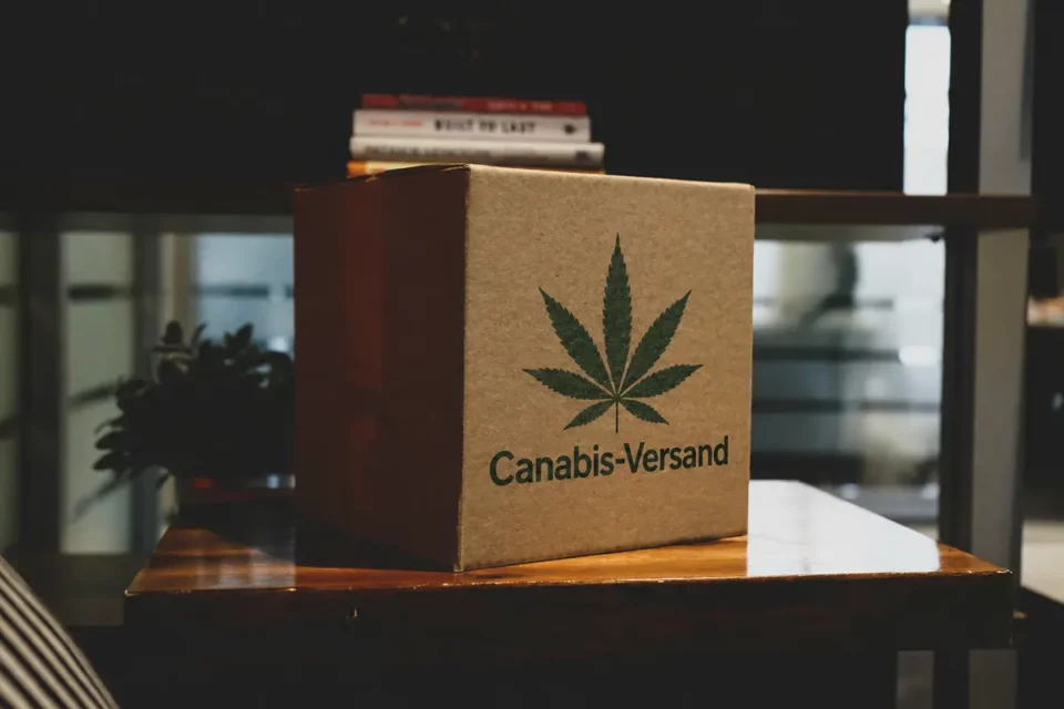 Ein Paket mit einem Cannabis-Blatt und dem Schriftzug "Cannabis-Versand" stehen auf einem Tisch - Blogbeitrag "Versandverbot fü Cannabis" von Blütenbande e.V.