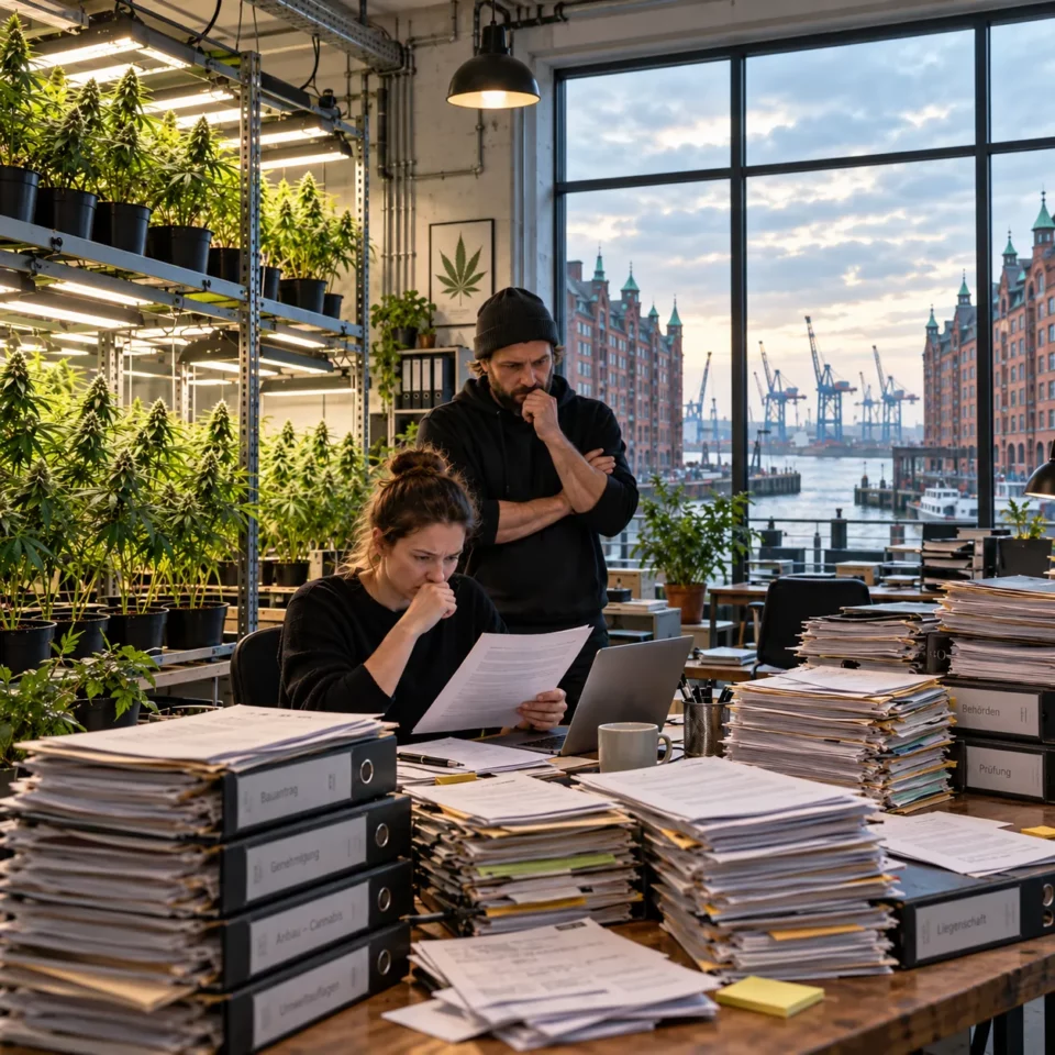 Blütenbande Cannabis Social Club in Hamburg - Blog - Konsumcannabisgesetz Genehmigungsstau Mitarbeiter einer fiktiven Anbauvereinigung sitzen vor vielen Ordnern mit Formularen und versuchen den Überblick zu behalten - Blütenbande Cannabis Social Club in Hamburg